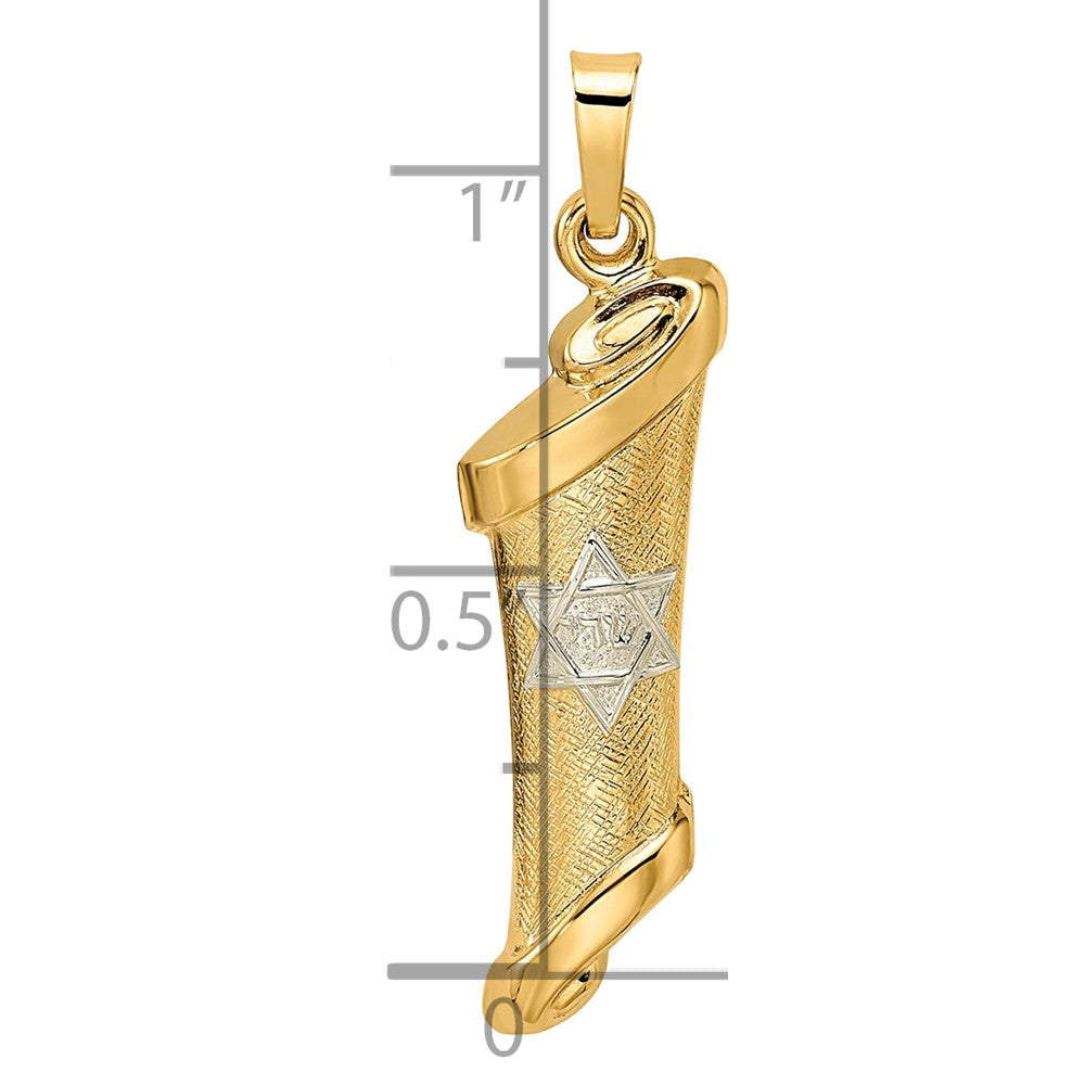 14k Two-tone Polished and Textured Hollow Torah Scroll with Star of David Pendant