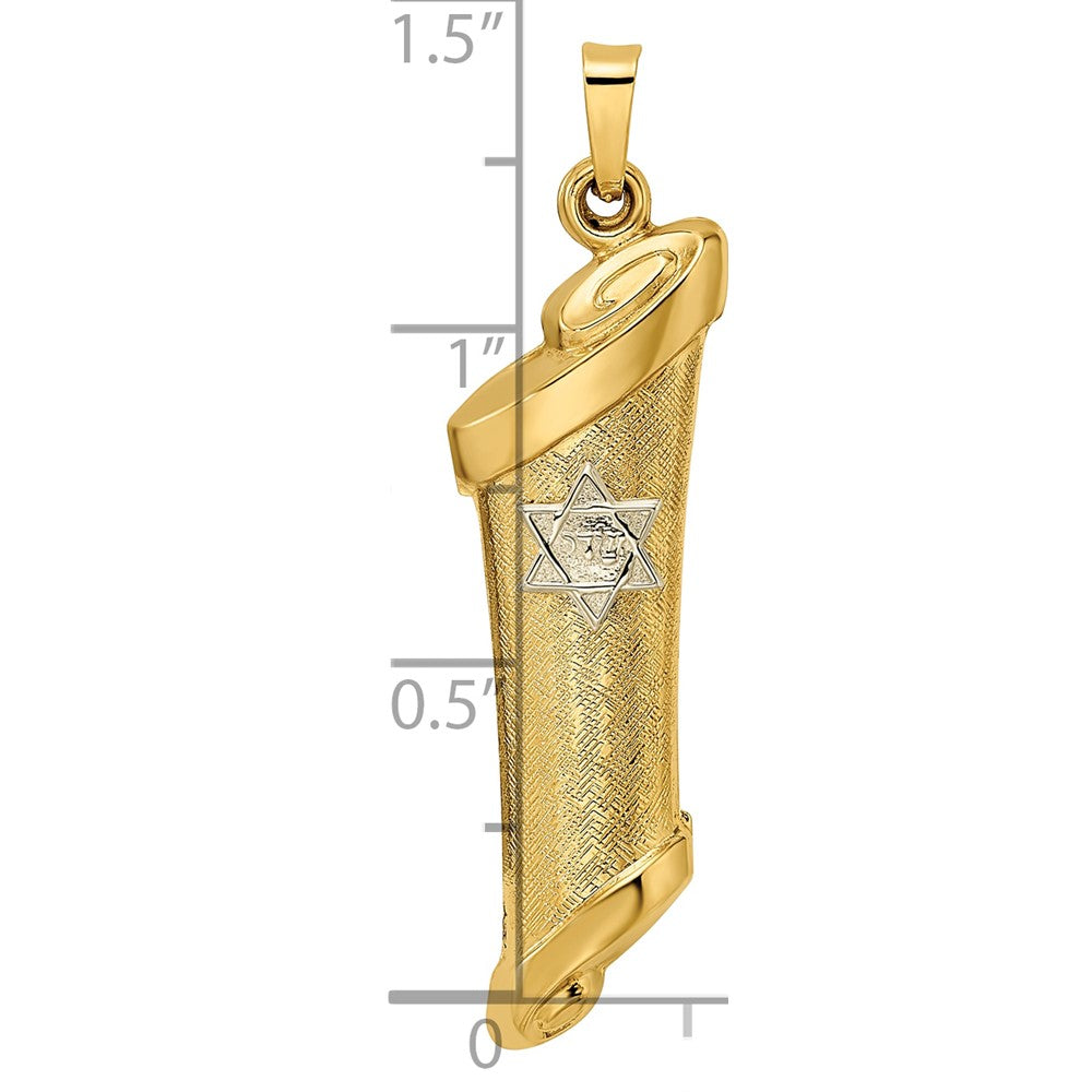14k Two-tone Polished and Textured Hollow Torah Scroll with Star of David Pendant