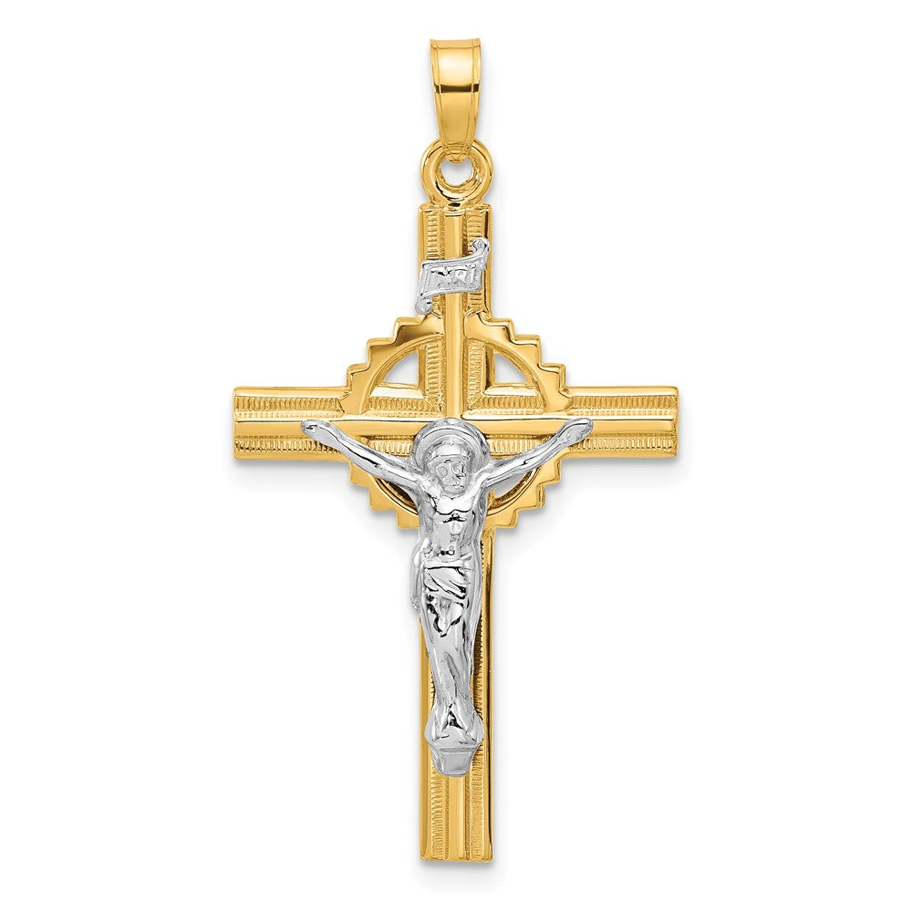 14k Two-Tone Textured Hollow INRI Iona Crucifix Pendent