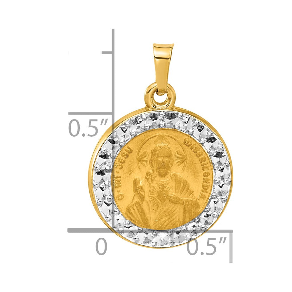 14K and White Rhodium Hollow Sacred Heart of Jesus Medal Round Pendant