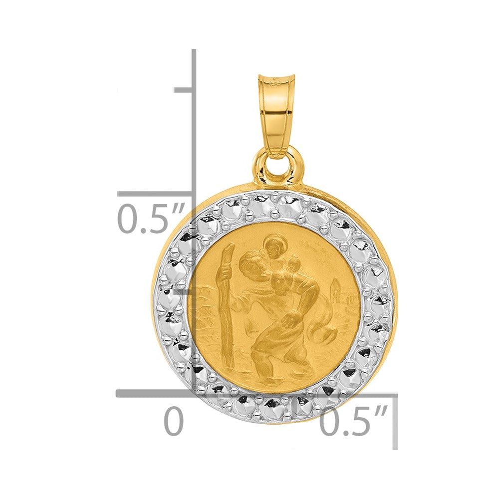 14K with White Rhodium Polished and Satin Hollow St. Christopher Medal Round Pendant