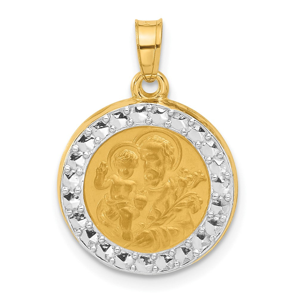 14K with White Rhodium Polished and Satin Hollow St. Joseph Medal Round Pendant