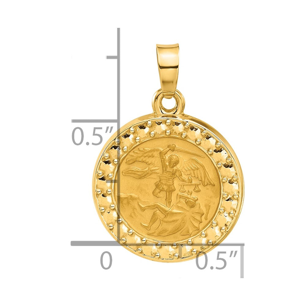 14K Polished and Satin Hollow St. Michael Medal Round Pendant