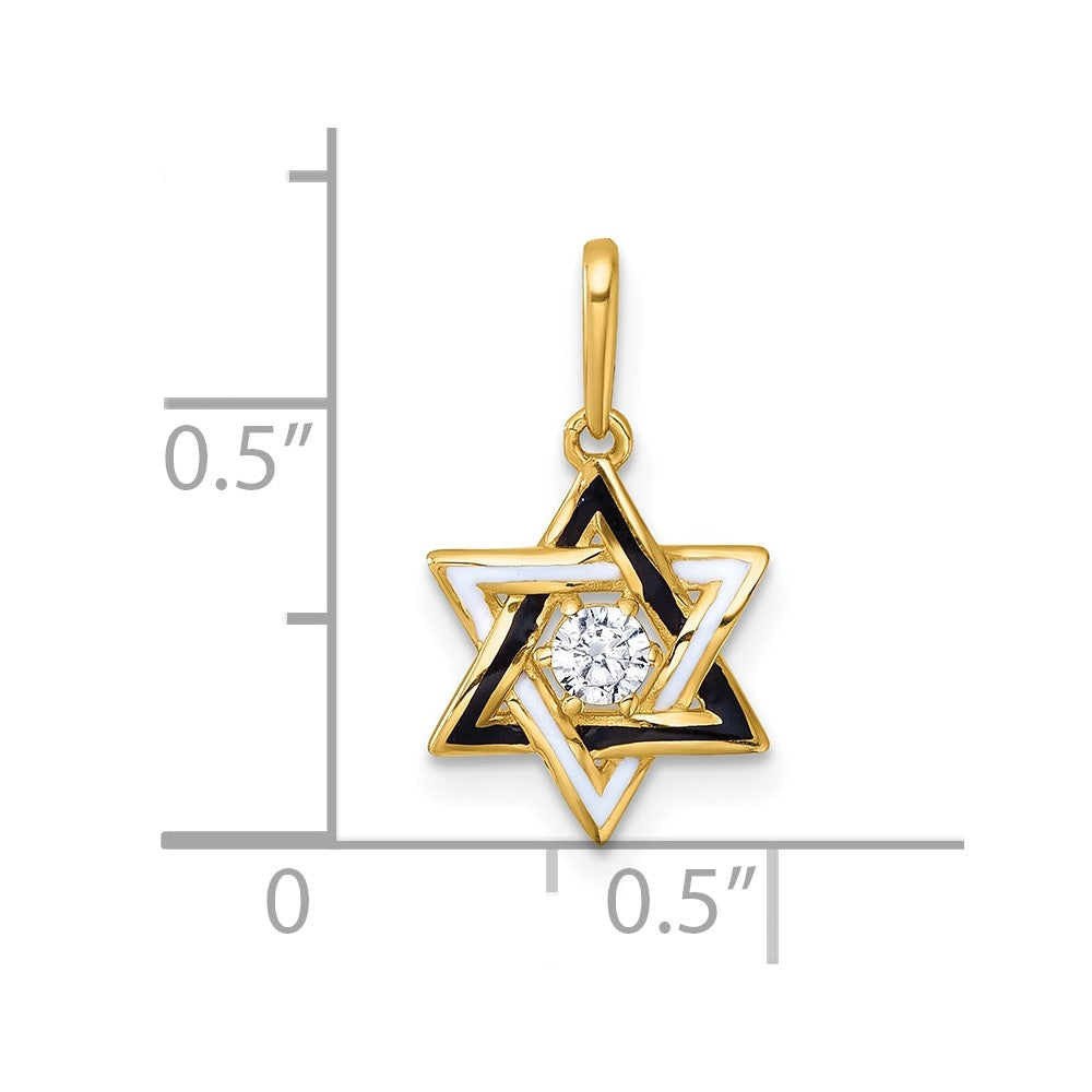 14k Polished Black and White Enameled and CZ Star of David Charm / Pendant
