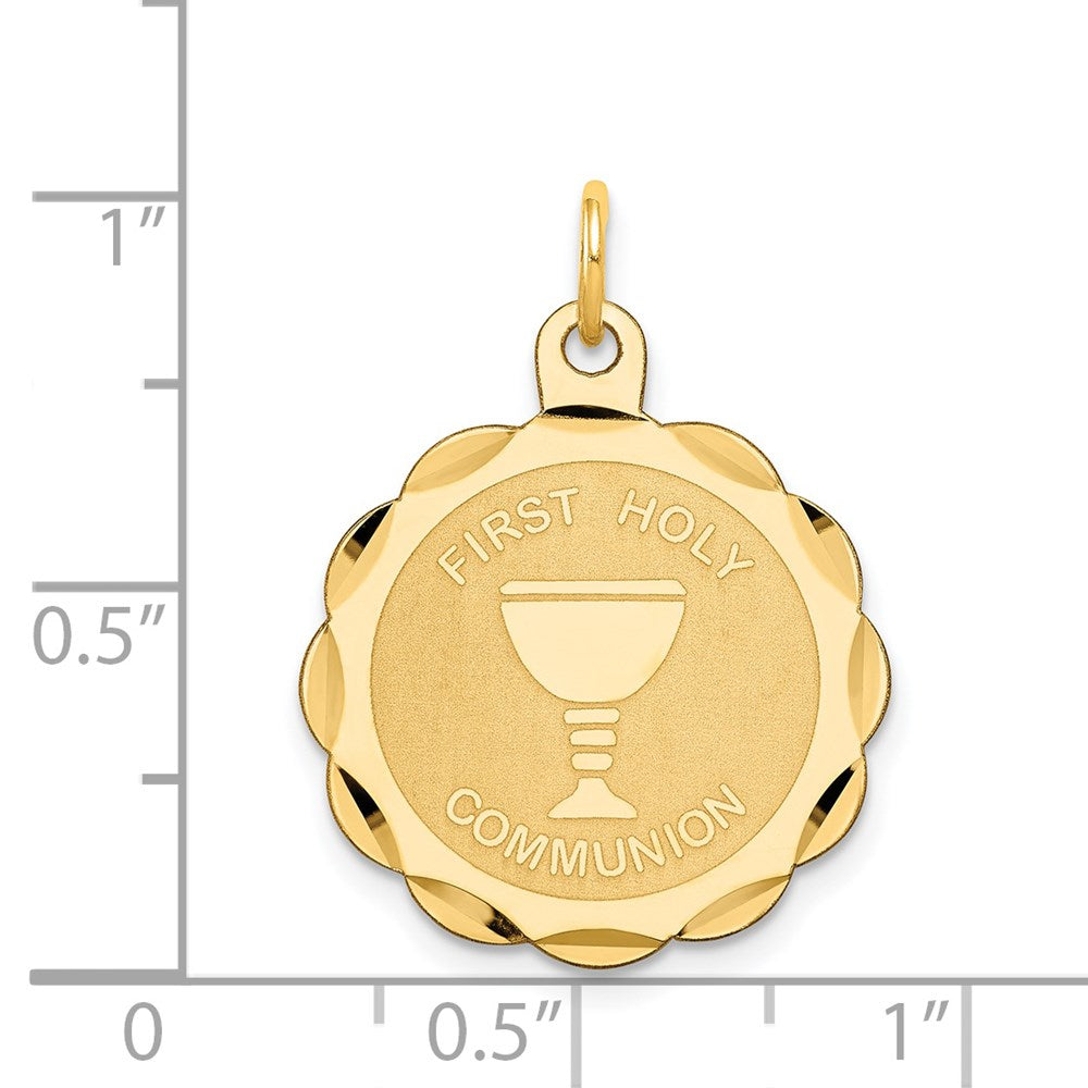 14k Polished and Satin Solid FIRST HOLY COMMUNION Scalloped Edge Round Disc Pendant