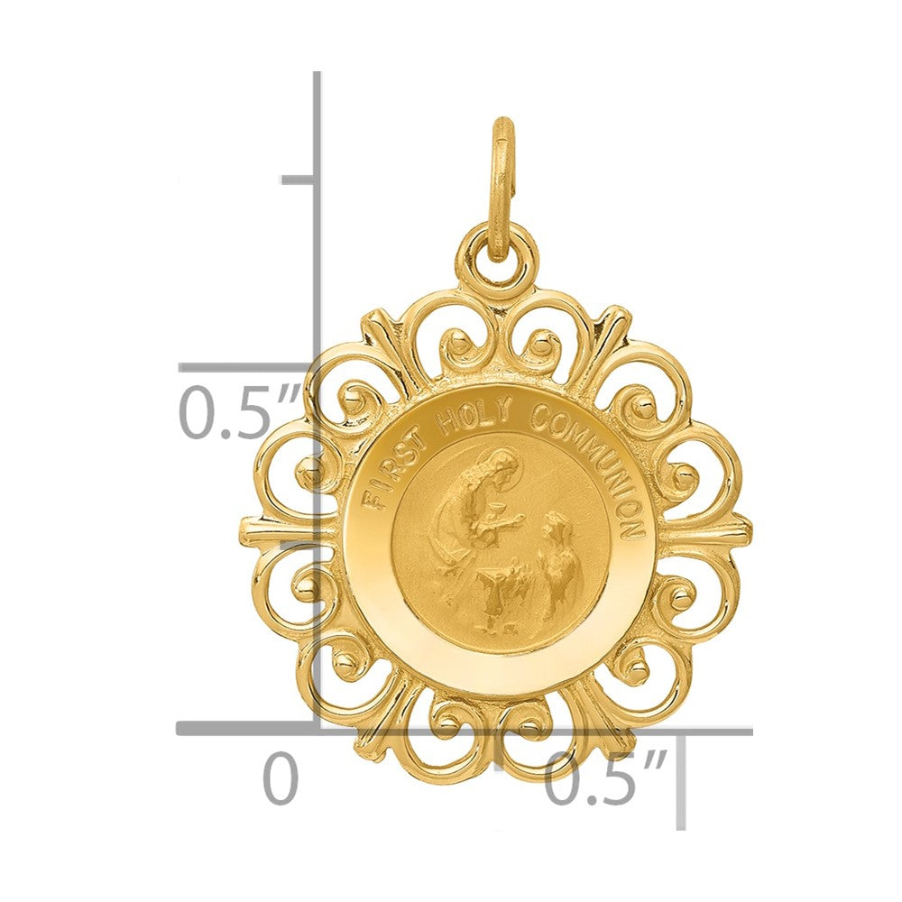 14k Polished and Satin Solid FIRST HOLY COMMUNION Medal Scalloped Edge Charm