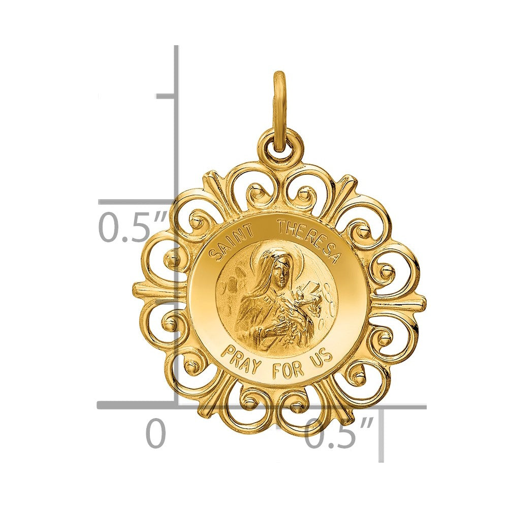 14k Polished and Satin Solid Saint Theresa Medal Scalloped Edge Round Charm