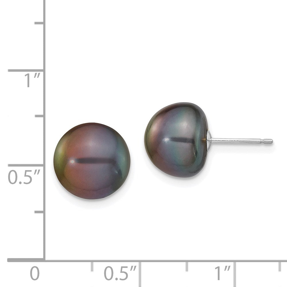 14k White Gold 10-11mm Black Button Freshwater Cultured Pearl Stud Post Earrings