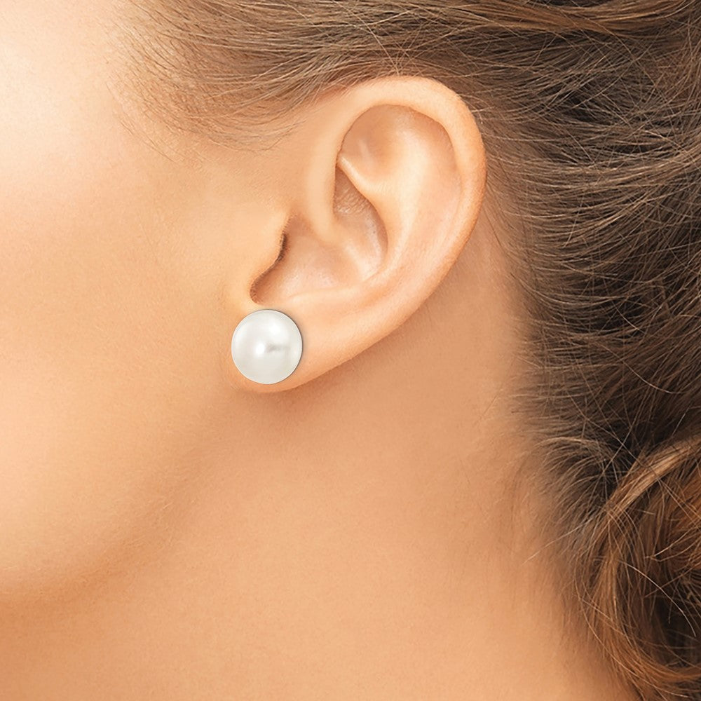 14k White Gold 12-13mm White Button Freshwater Cultured Pearl Stud Post Earrings