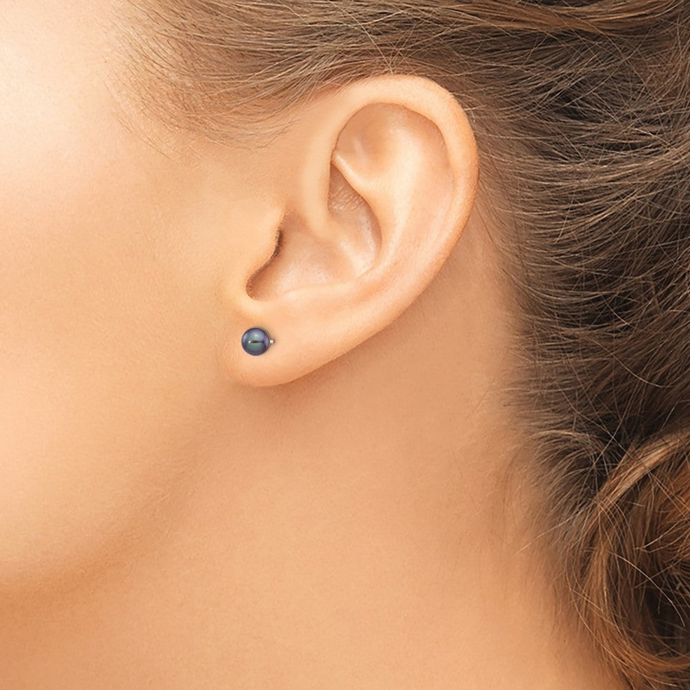 14k White Gold 5-6mm Black Round Freshwater Cultured Pearl Stud Post Earrings