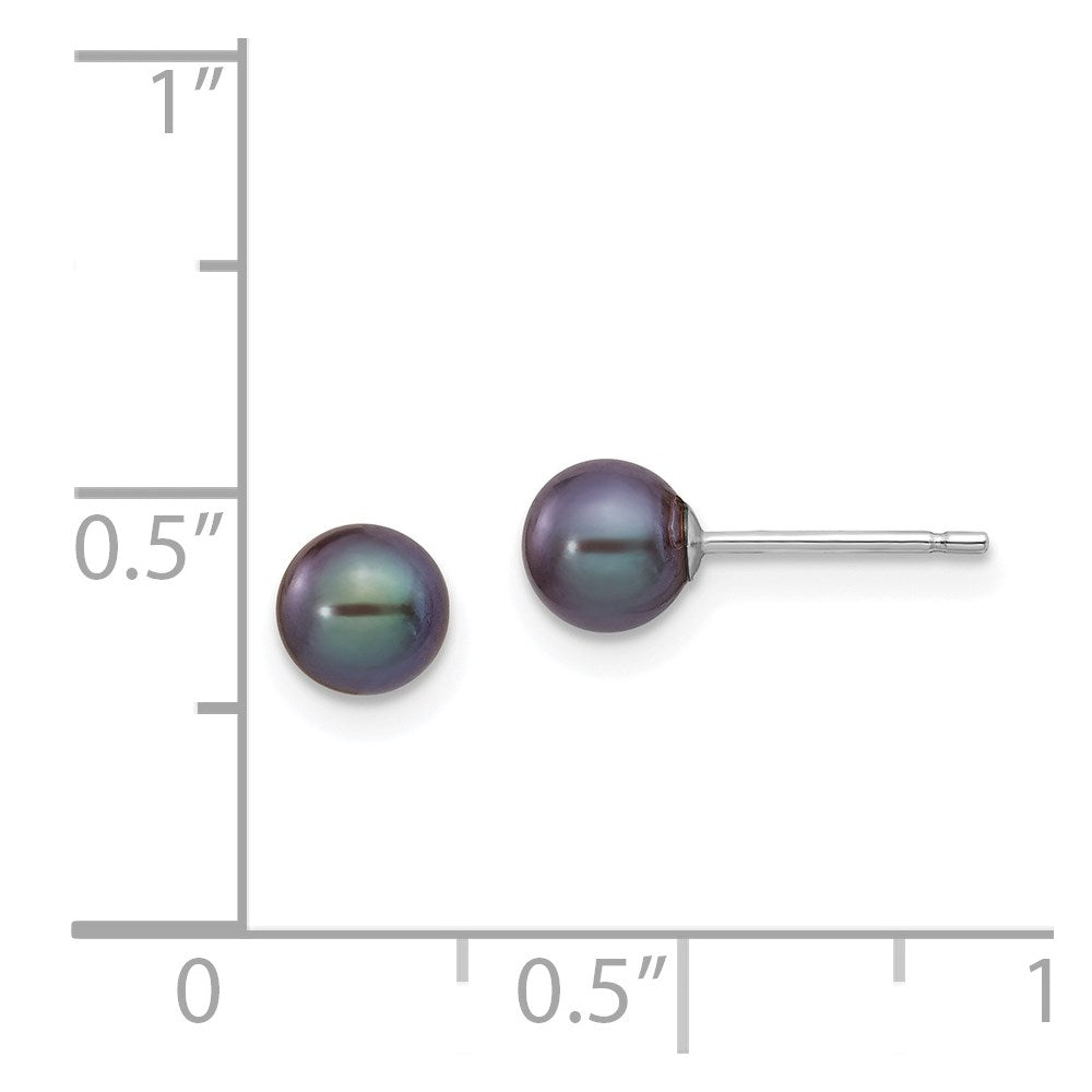 14k White Gold 5-6mm Black Round Freshwater Cultured Pearl Stud Post Earrings