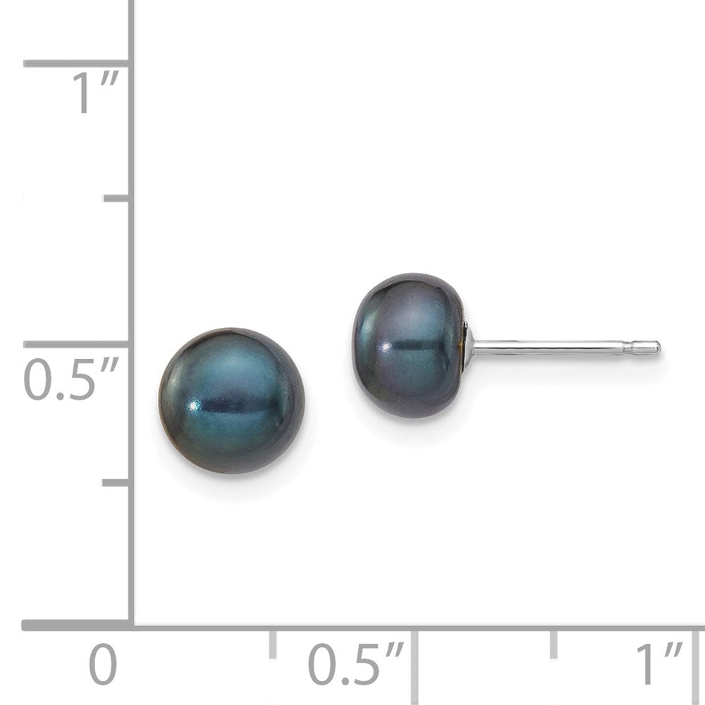 14k White Gold 6-7mm Black Button Freshwater Cultured Pearl Stud Post Earrings