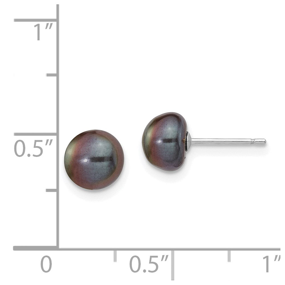 14k White Gold 7-8mm Black Button Freshwater Cultured Pearl Stud Post Earrings