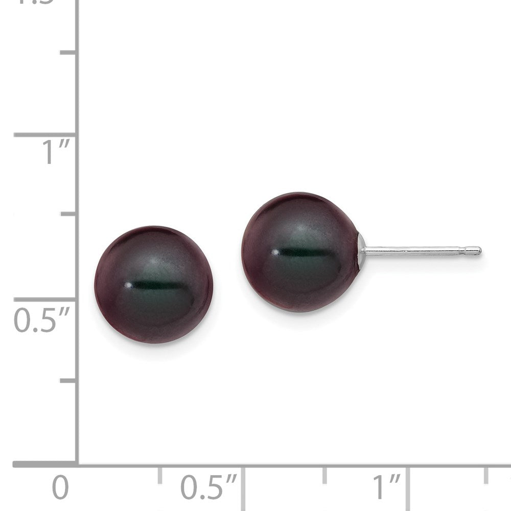 14k White Gold 9-10mm Black Round Freshwater Cultured Pearl Stud Post Earrings