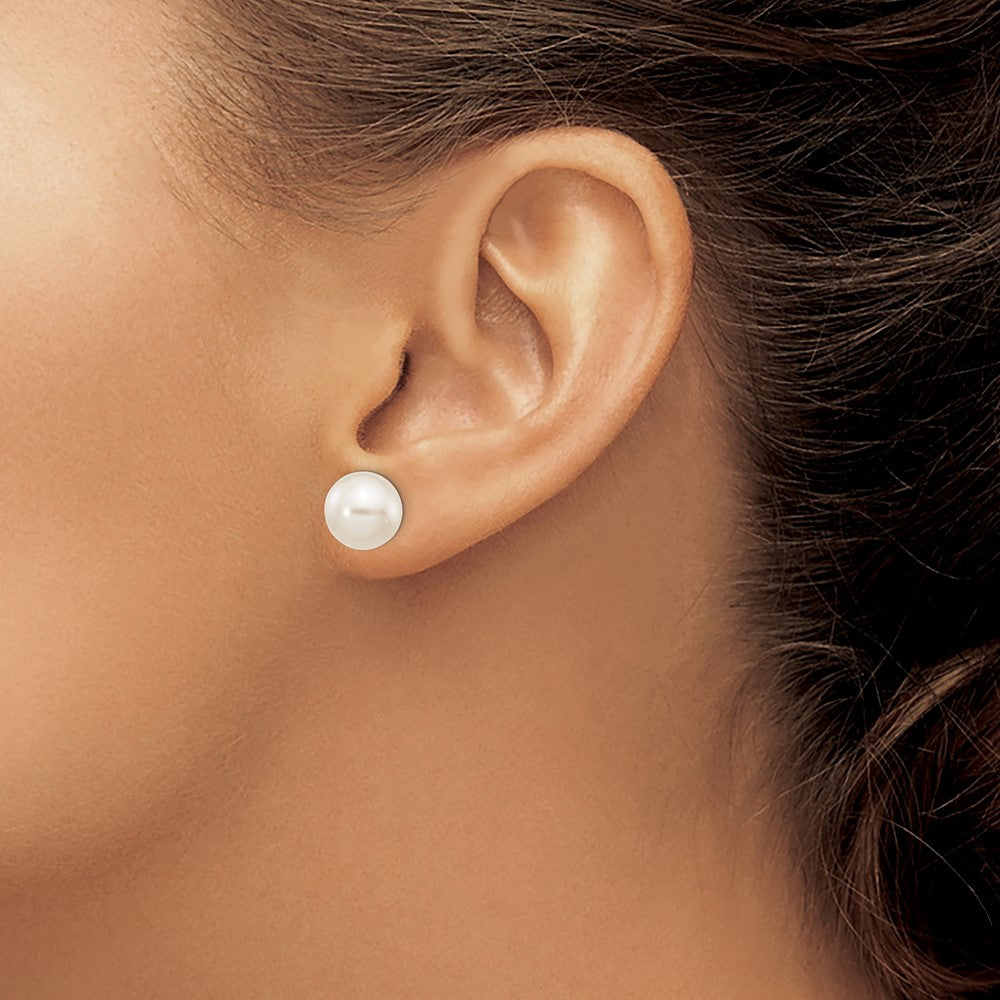 14k White Gold 9-10mm White Round Freshwater Cultured Pearl Stud Post Earrings