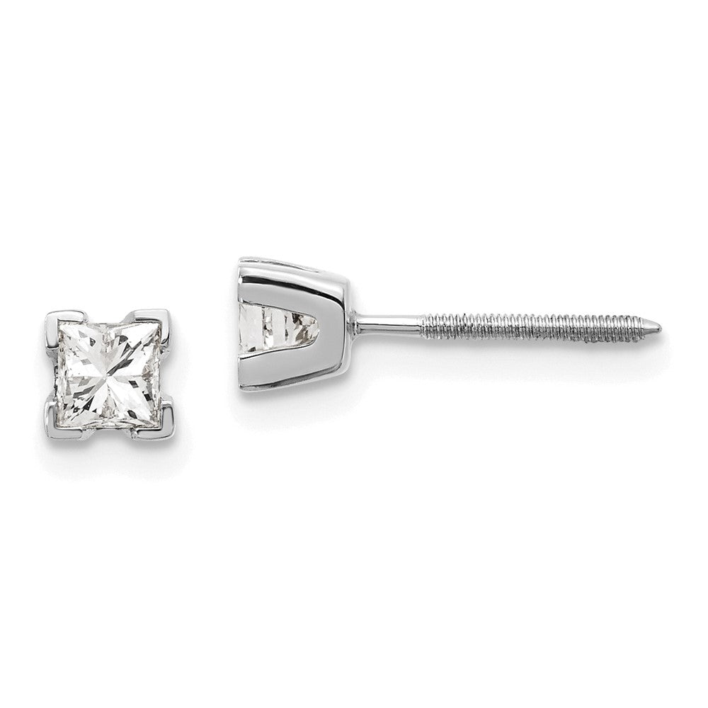 Polished;14K White gold;Post;Diamond;Screw back;Princess Cut;AA quality