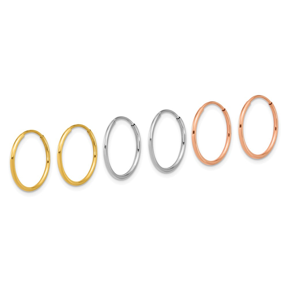 14k Tri-color Polished 3-pair 1.2x16mm Endless Tube Hoop Earring Set