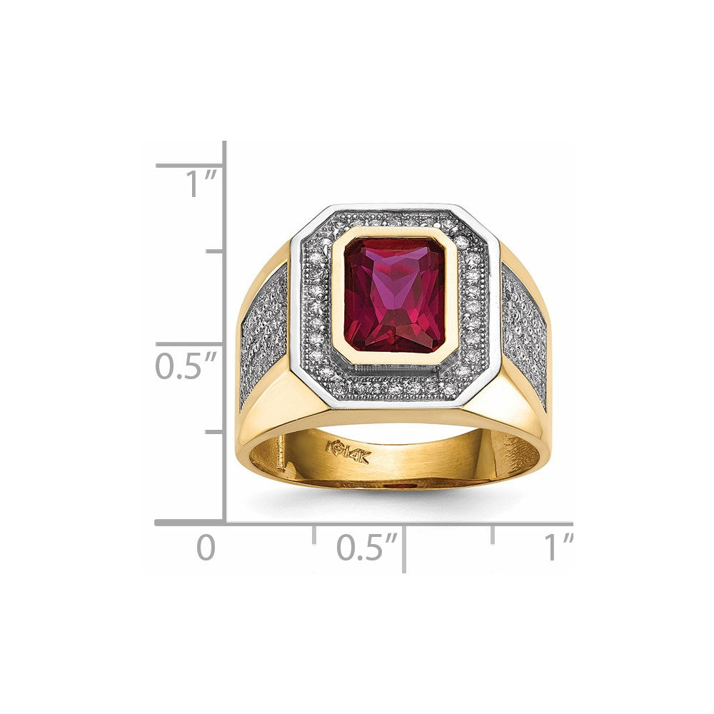 14k w/Rhodium CZ & Emerald-cut Red CZ Mens Ring