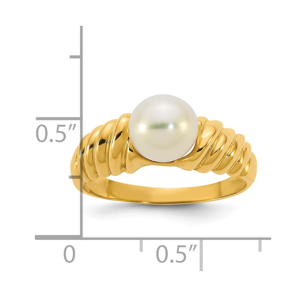 14k Polished 6-7mm Round White Freshwater Cultured Pearl Size 7 Scalloped Shank Ring