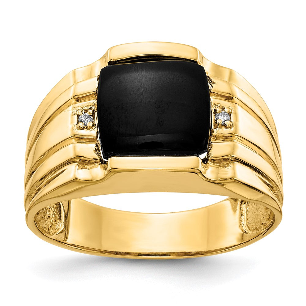 Casted;Polished;14k Yellow gold;Open back;Diamond;Onyx;Avail. in 10k yellow gold;Avail. in 18k yellow gold;Avail. in platinum;Not engraveable;Prong set;Sizing 2-3 weeks;5 sizes up, 2 sizes down;Avail. in 10k white gold;Avail. in 18k white gold;AAA quality;Mens