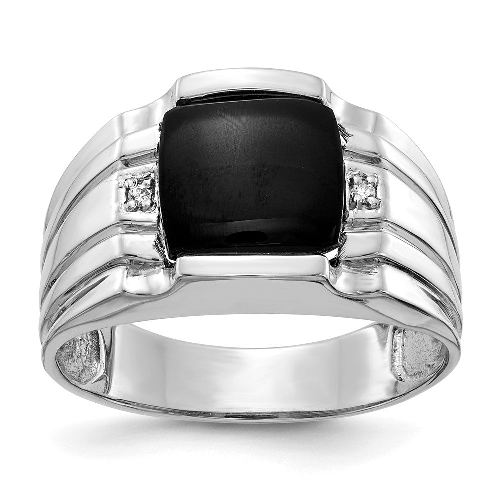 Casted;Polished;14K White gold;Open back;Diamond;Onyx;Avail. in 10k yellow gold;Avail. in 18k yellow gold;Avail. in platinum;Not engraveable;Prong set;Sizing 2-3 weeks;5 sizes up, 2 sizes down;Avail. in 10k white gold;Avail. in 18k white gold;AA quality;Mens