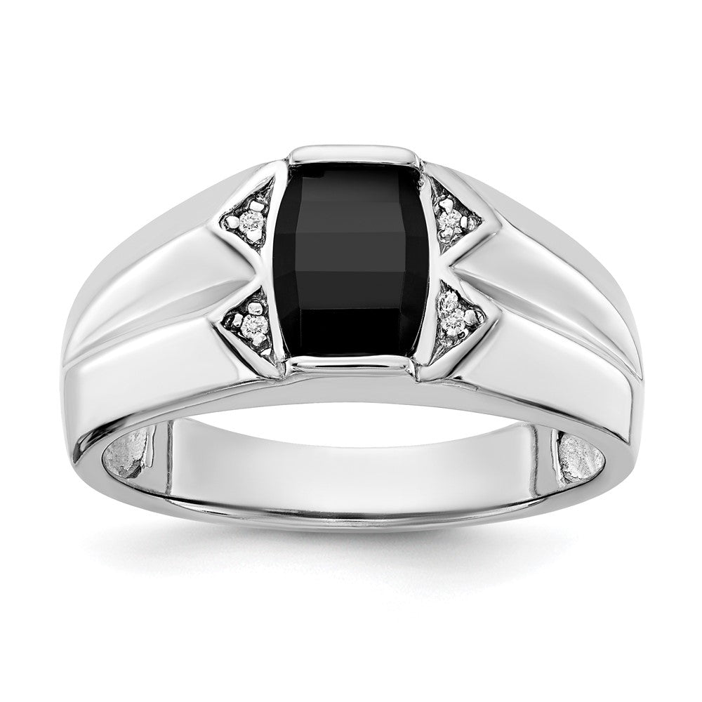 Casted;14K White gold;Diamond;Onyx;Avail. in 10k yellow gold;Avail. in 18k yellow gold;Avail. in 14k yellow gold;Avail. in platinum;Not engraveable;Prong set;Sizing 2-3 weeks;Avail. in 10k white gold;Avail. in 18k white gold;AA quality;Mens;Polished & satin;Trillion