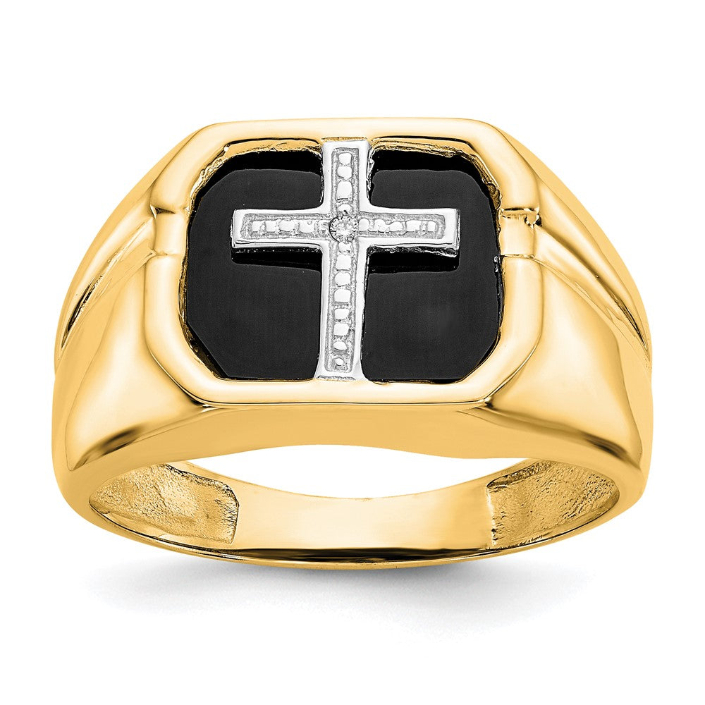 Solid;Casted;Diamond-cut;Polished;14k Yellow gold;Open back;Diamond;Onyx;Avail. in 10k yellow gold;Avail. in 18k yellow gold;Avail. in 14k white gold;Avail. in platinum;Not engraveable;Sizing 2-3 weeks;Avail. in 10k white gold;Avail. in 18k white gold;A quality;Mens