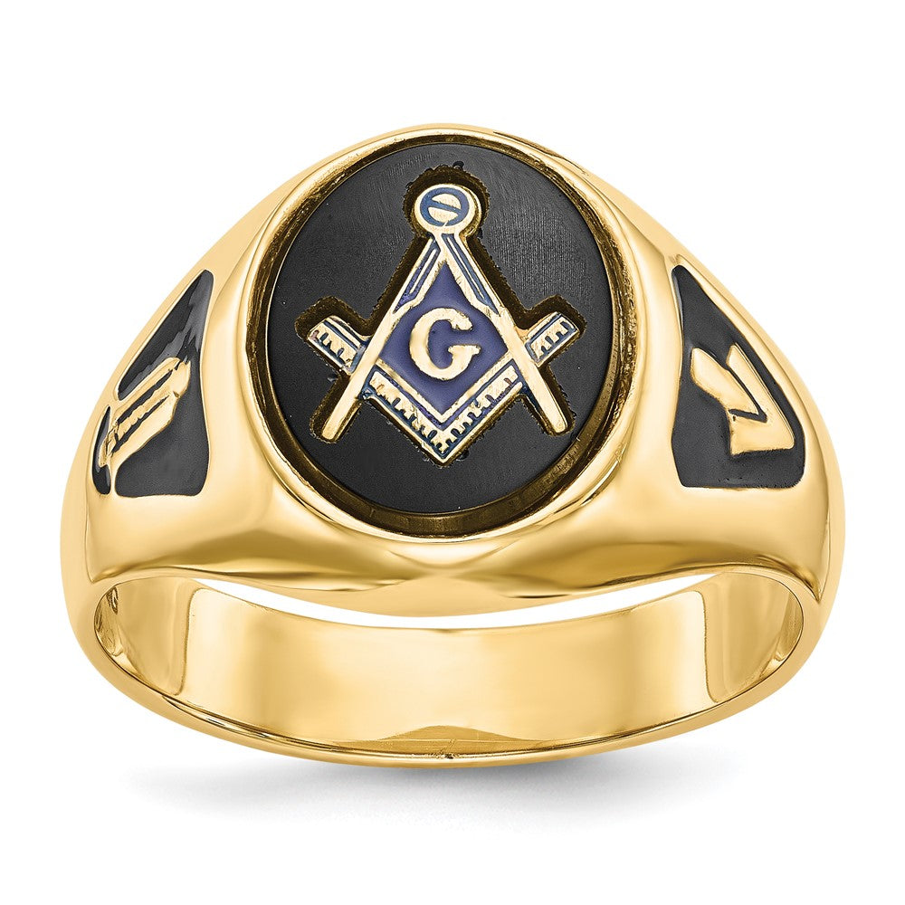 Solid;Polished;14k Yellow gold;Closed back;Enamel;Antique finish;Synthetic;Onyx;Avail. in 10k yellow gold;Avail. in 18k yellow gold;Avail. in 14k white gold;Avail. in platinum;Not engraveable;Sizing 2-3 weeks;5 sizes up, 2 sizes down;Avail. in 10k white gold;Avail. in 18k white gold;Mens