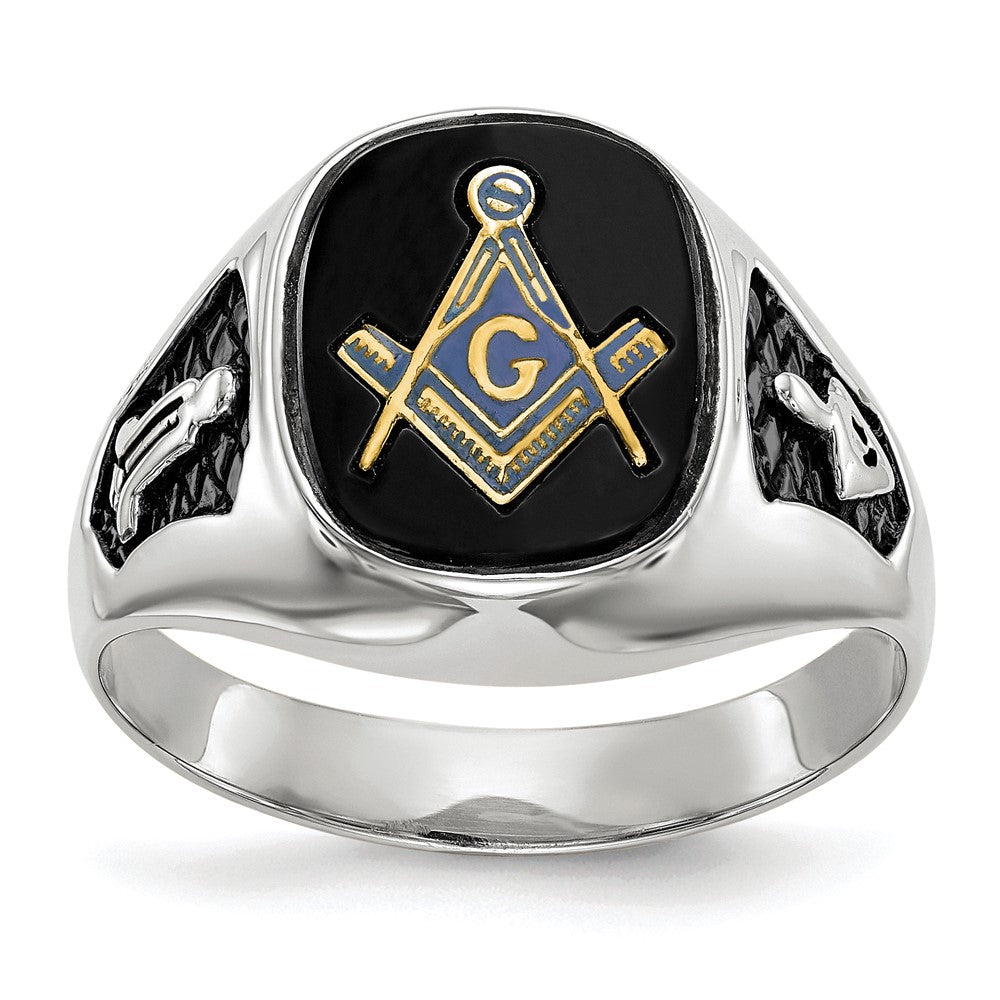 Solid;Polished;14K White gold;Closed back;Enamel;Antique finish;Synthetic;Onyx;Avail. in 10k yellow gold;Avail. in 18k yellow gold;Avail. in 14k yellow gold;Avail. in platinum;Not engraveable;Sizing 2-3 weeks;5 sizes up, 2 sizes down;Avail. in 10k white gold;Avail. in 18k white gold;Mens