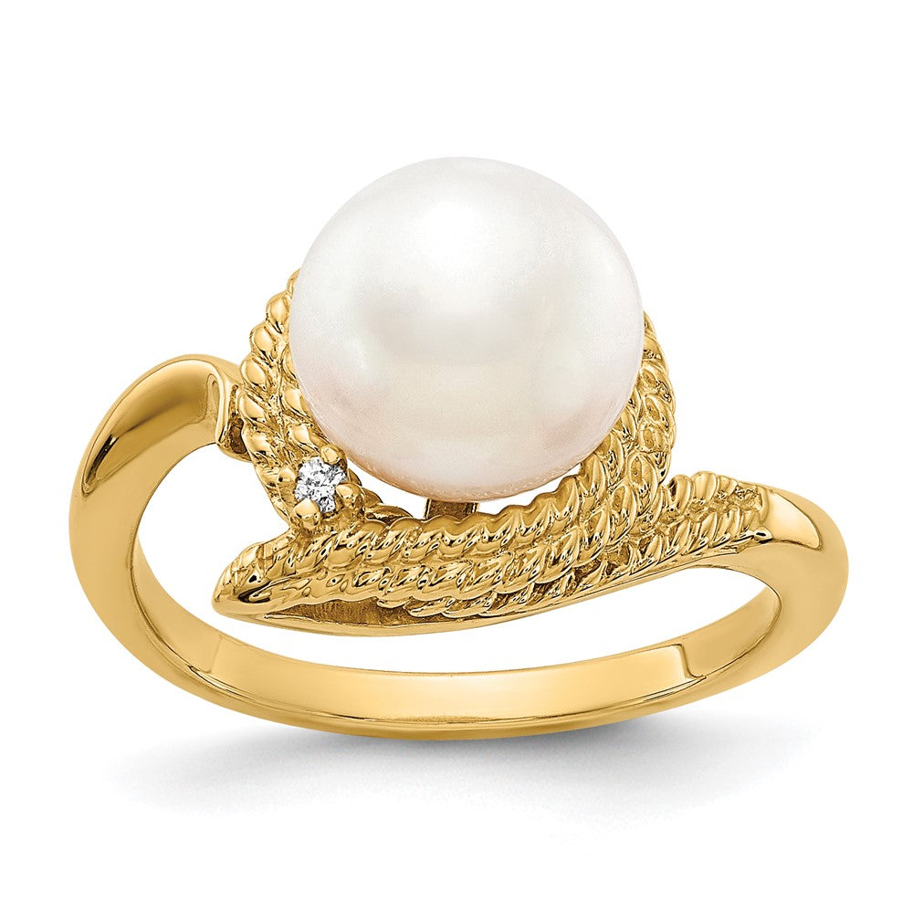 Casted;Polished;14k Yellow gold;Freshwater cultured pearl;Diamond;Avail. in 10k yellow gold;Avail. in 18k yellow gold;Prong set;Avail. in 18k white gold;AA quality