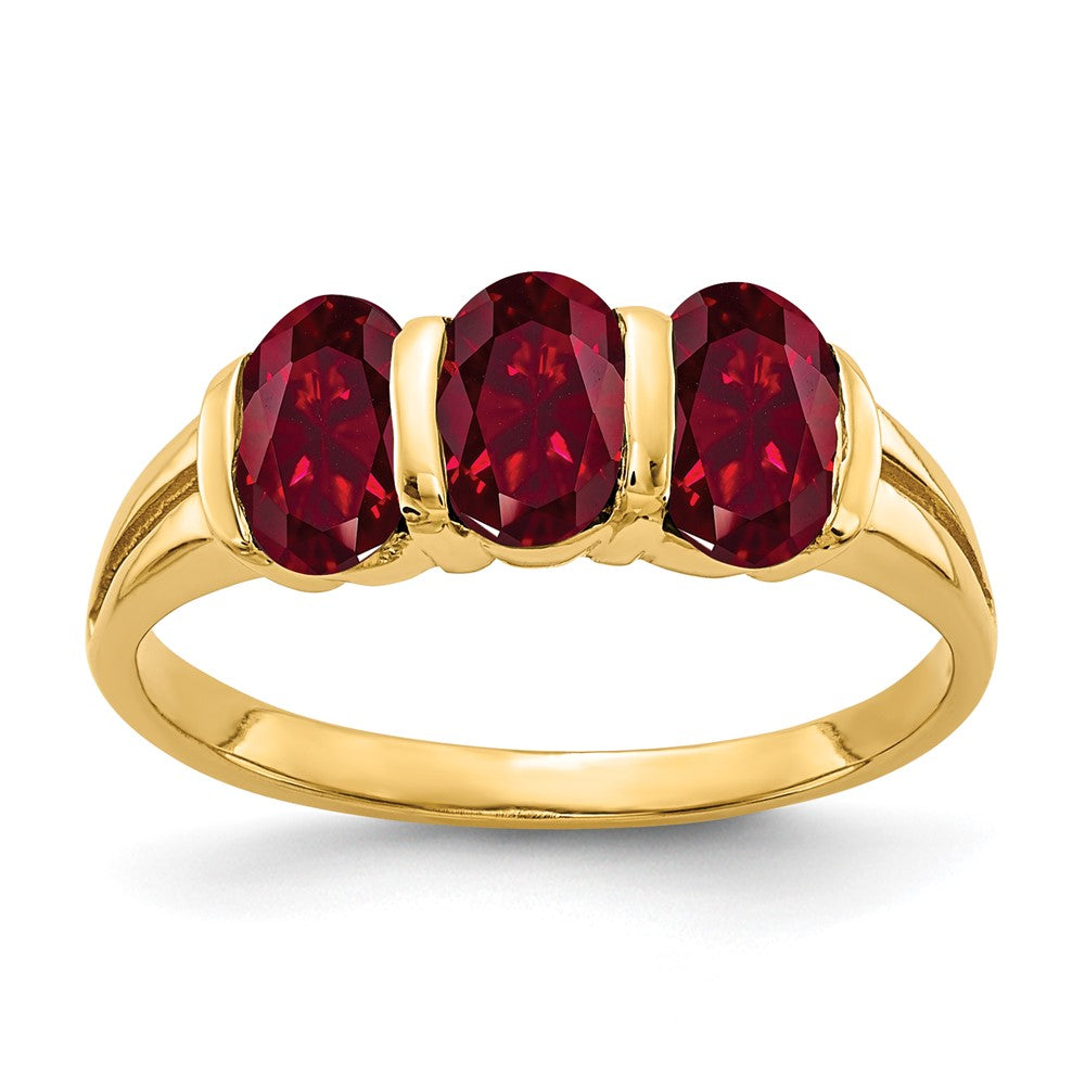 Casted;Polished;14k Yellow gold;Created;Ruby;Avail. in 10k yellow gold;Avail. in 18k yellow gold;Avail. in platinum;Channel set;Avail. in 18k white gold;Oval