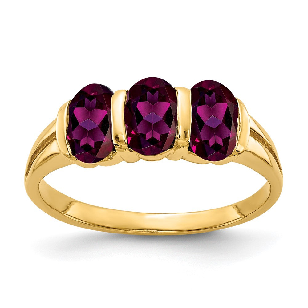 Casted;Polished;14k Yellow gold;Genuine;Rhodolite garnet;Avail. in 10k yellow gold;Avail. in 18k yellow gold;Avail. in platinum;Channel set;Avail. in 18k white gold;Oval