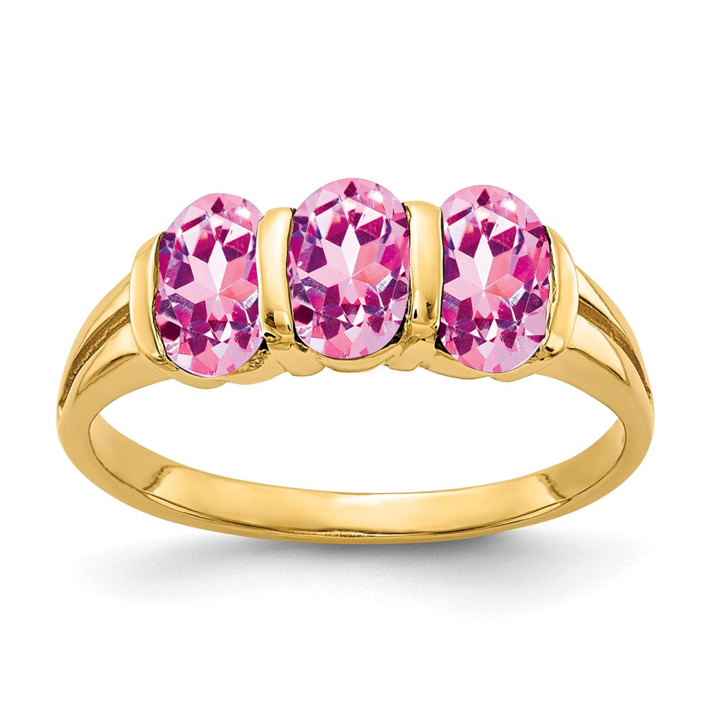 Casted;Polished;14k Yellow gold;Genuine;Avail. in 10k yellow gold;Avail. in 18k yellow gold;Avail. in platinum;Channel set;Avail. in 18k white gold;Pink sapphire;Oval