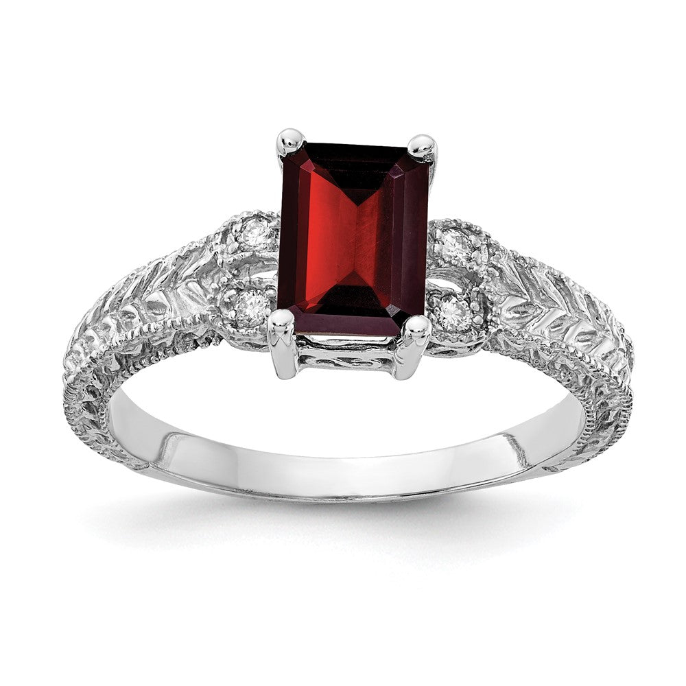 Casted;Polished;14K White gold;Genuine;Diamond;Garnet;Avail. in 10k yellow gold;Avail. in 18k yellow gold;Avail. in 14k yellow gold;Avail. in platinum;Prong set;Avail. in 10k white gold;Avail. in 18k white gold;AA quality;Emerald Cut