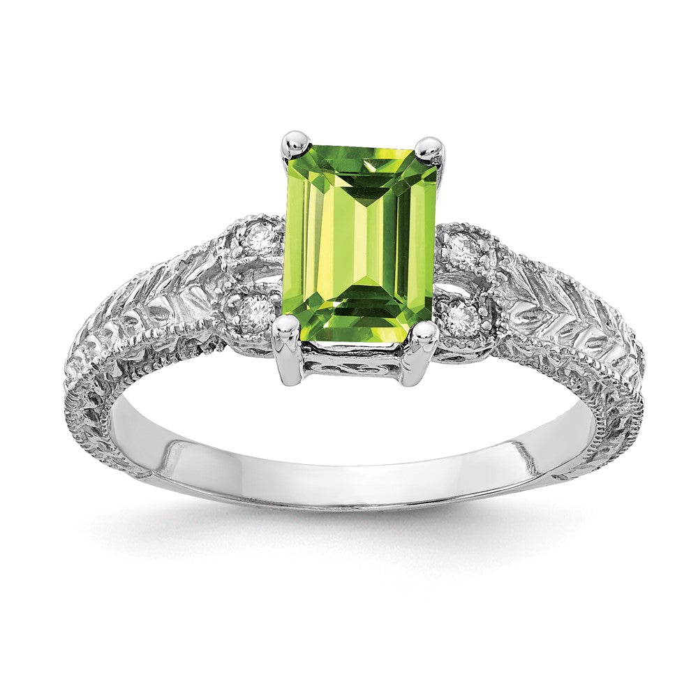 Casted;Polished;14K White gold;Genuine;Diamond;Peridot;Avail. in 10k yellow gold;Avail. in 18k yellow gold;Avail. in 14k yellow gold;Avail. in platinum;Prong set;Avail. in 10k white gold;Avail. in 18k white gold;AA quality;Emerald Cut