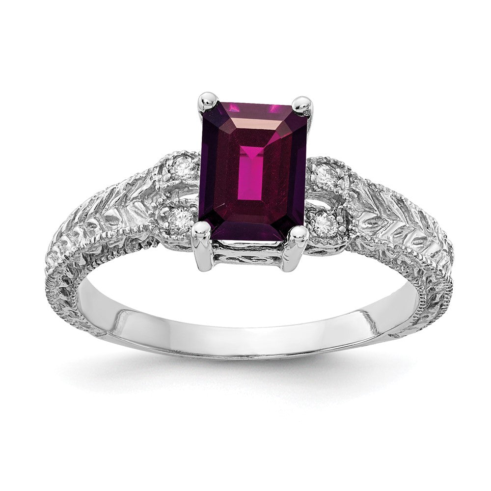 Casted;Polished;14K White gold;Genuine;Diamond;Rhodolite garnet;Avail. in 10k yellow gold;Avail. in 18k yellow gold;Avail. in 14k yellow gold;Avail. in platinum;Prong set;Avail. in 10k white gold;Avail. in 18k white gold;AA quality;Emerald Cut