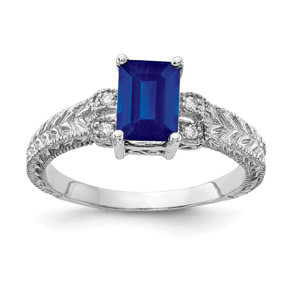 Casted;Polished;14K White gold;Genuine;Diamond;Sapphire;Avail. in 10k yellow gold;Avail. in 18k yellow gold;Avail. in 14k yellow gold;Avail. in platinum;Prong set;Avail. in 10k white gold;Avail. in 18k white gold;AA quality;Emerald Cut