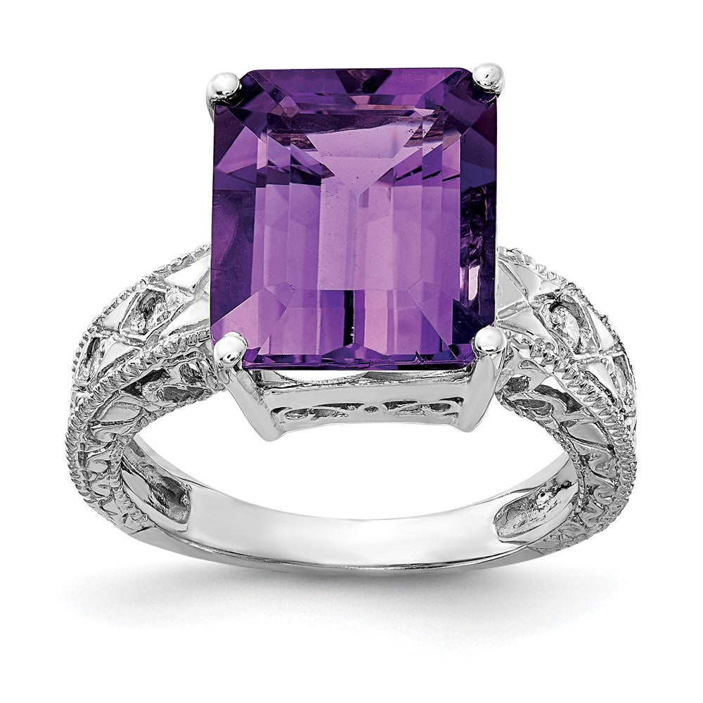 Casted;Polished;14K White gold;Genuine;Amethyst;Diamond;Avail. in 10k yellow gold;Avail. in 18k yellow gold;Avail. in 14k yellow gold;Avail. in platinum;Avail. in 10k white gold;Avail. in 18k white gold;AA quality;Emerald Cut