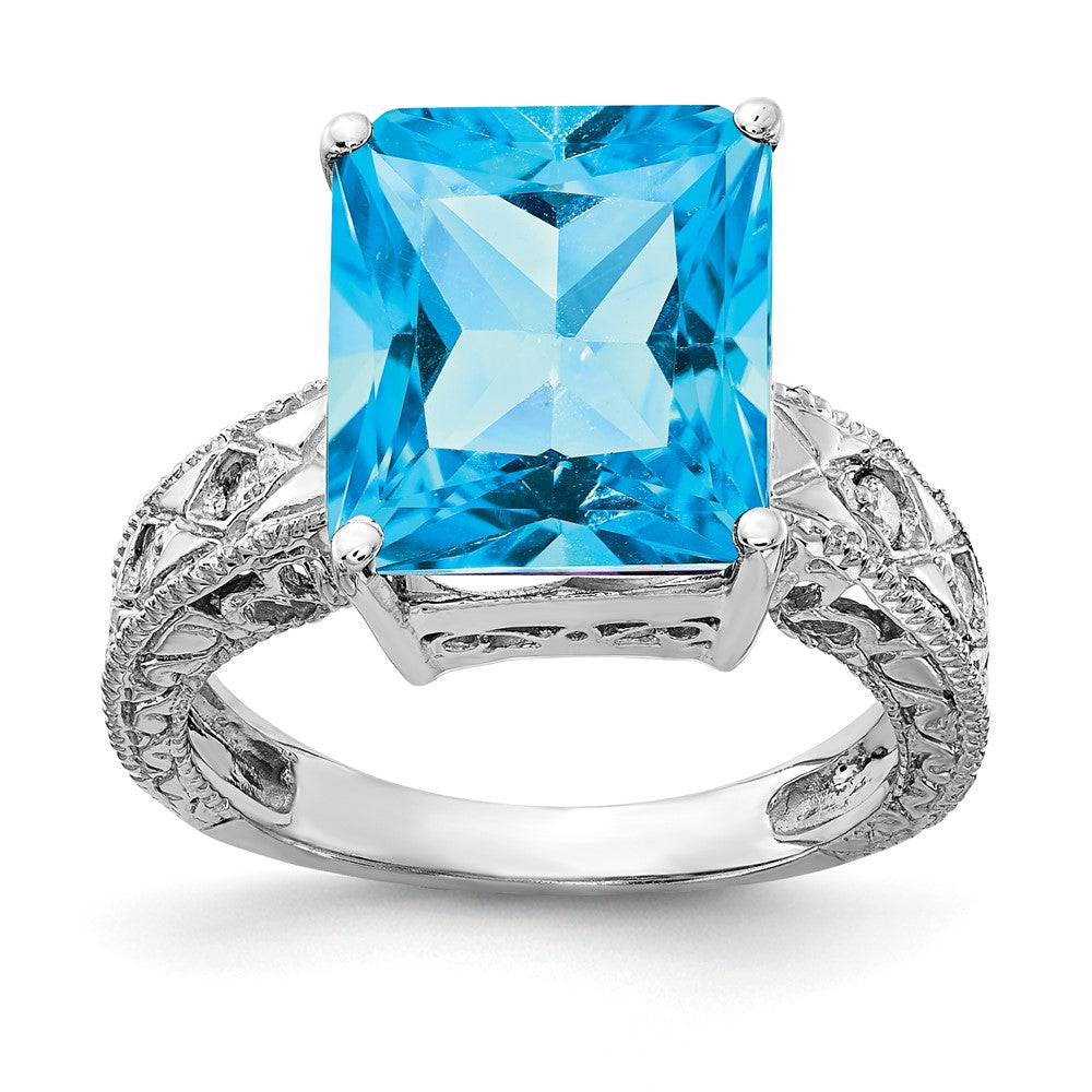 Casted;Polished;14K White gold;Genuine;Blue topaz;Diamond;Avail. in 10k yellow gold;Avail. in 18k yellow gold;Avail. in 14k yellow gold;Avail. in platinum;Avail. in 10k white gold;Avail. in 18k white gold;AA quality;Emerald Cut