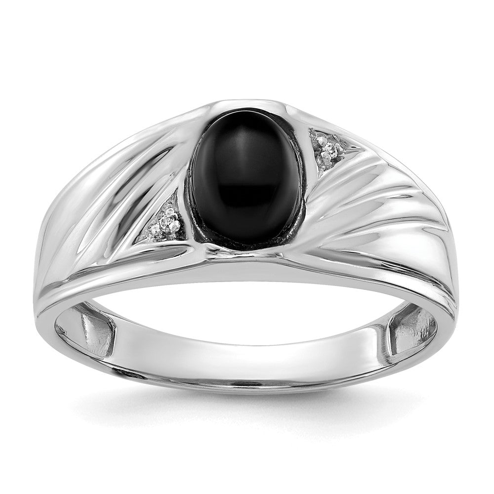Solid;Polished;14K White gold;Open back;Diamond;Onyx;Avail. in 10k yellow gold;Avail. in 18k yellow gold;Avail. in platinum;Not engraveable;Prong set;Sizing 2-3 weeks;Sizing 3-10 days;Avail. in 10k white gold;Avail. in 18k white gold;AA quality;Mens