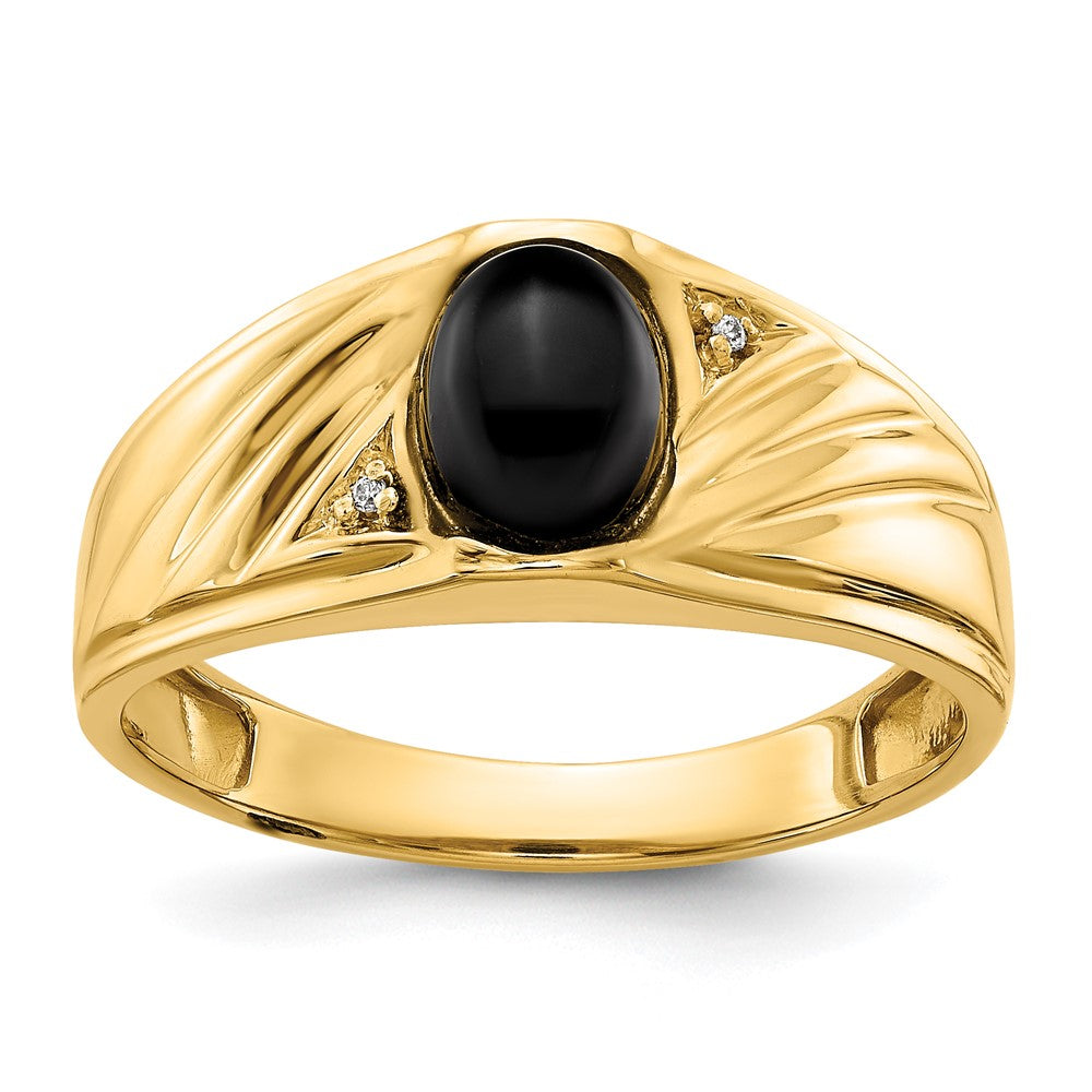 Solid;Polished;14k Yellow gold;Open back;Diamond;Onyx;Avail. in 10k yellow gold;Avail. in 18k yellow gold;Avail. in platinum;Not engraveable;Prong set;Sizing 2-3 weeks;Sizing 3-10 days;Avail. in 10k white gold;Avail. in 18k white gold;AA quality;Mens