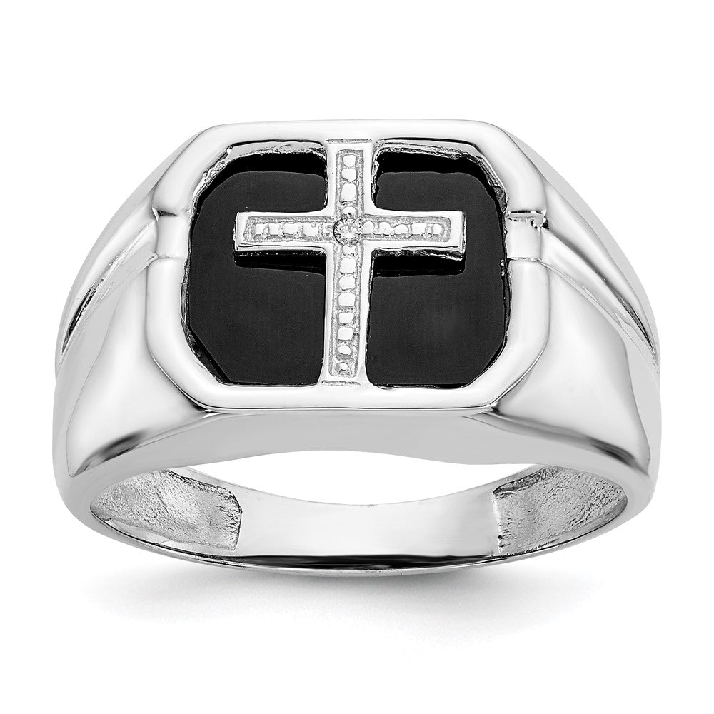 Solid;Polished;14K White gold;Open back;Diamond;Onyx;Avail. in 10k yellow gold;Avail. in 18k yellow gold;Avail. in platinum;Not engraveable;Sizing 2-3 weeks;Avail. in 10k white gold;Avail. in 18k white gold;AA quality;2 sizes up or down only