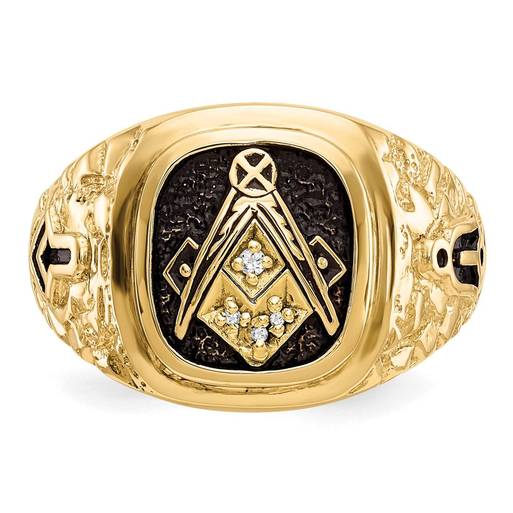 14k Polished, Antiqued and Nugget Texture AAA Quality Diamond Masonic Ring