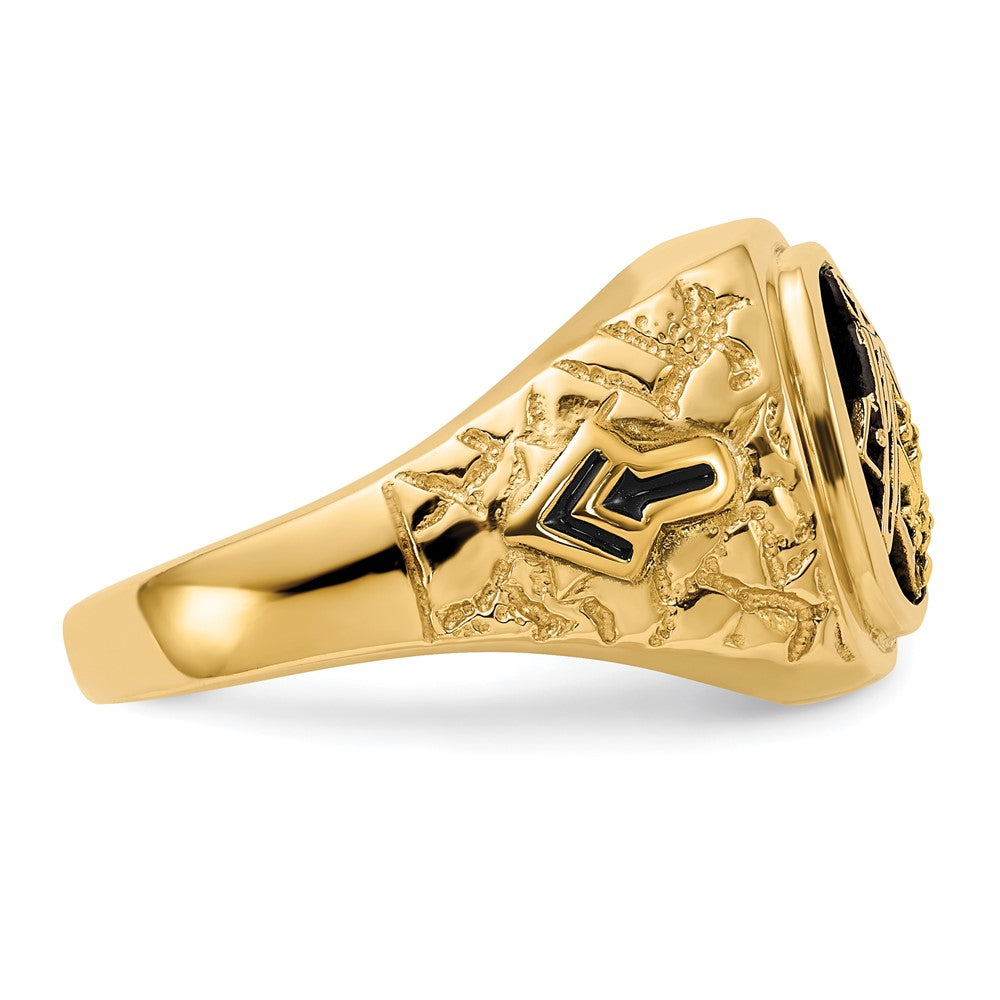 14k Polished, Antiqued and Nugget Texture AA Quality Diamond Masonic Ring