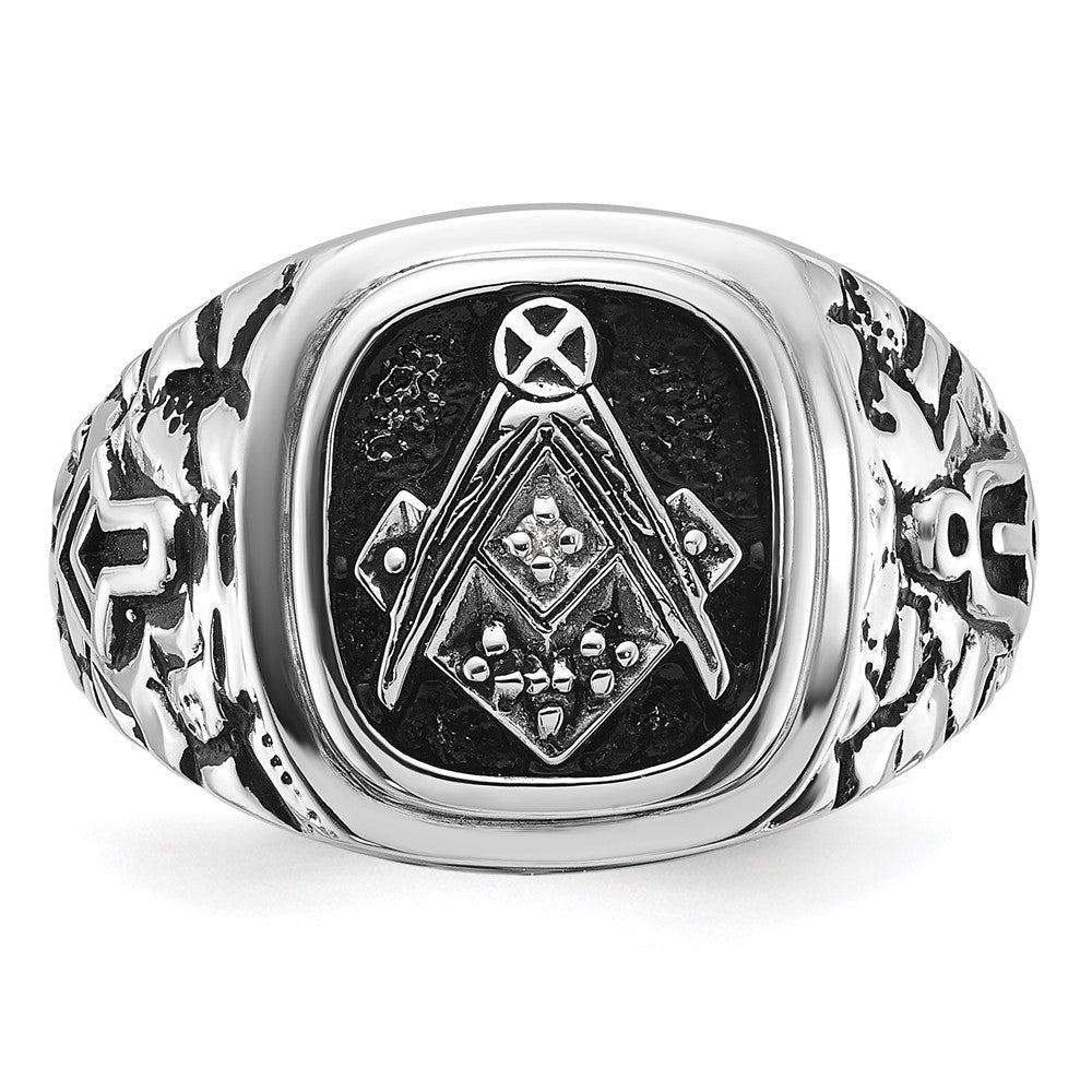 14k White Gold Men's Polished Antiqued and Textured with Black Enamel and AA Quality Diamonds Masonic Ring