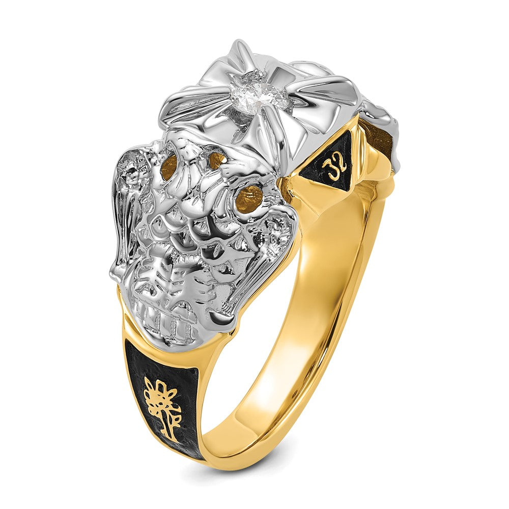 14k Two-tone Men's Polished and Textured with Black Enamel and AA Quality Diamond Masonic Ring