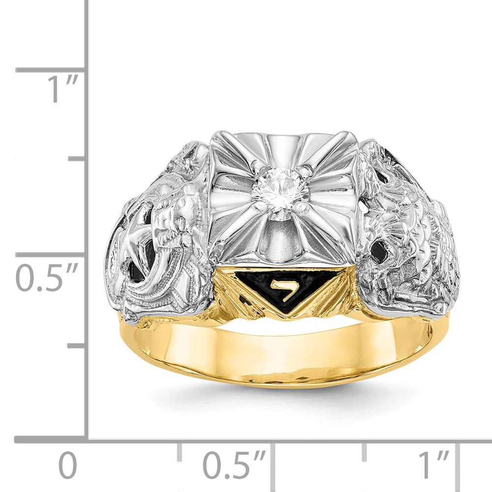14k Two-tone Men's Polished and Textured with Black Enamel and AA Quality Diamond Masonic Ring