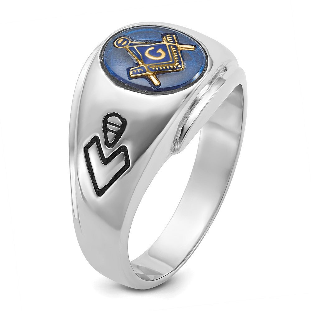14k White Gold Men's Polished, Antiqued and Grooved with Imitation Blue Spinel Masonic Ring