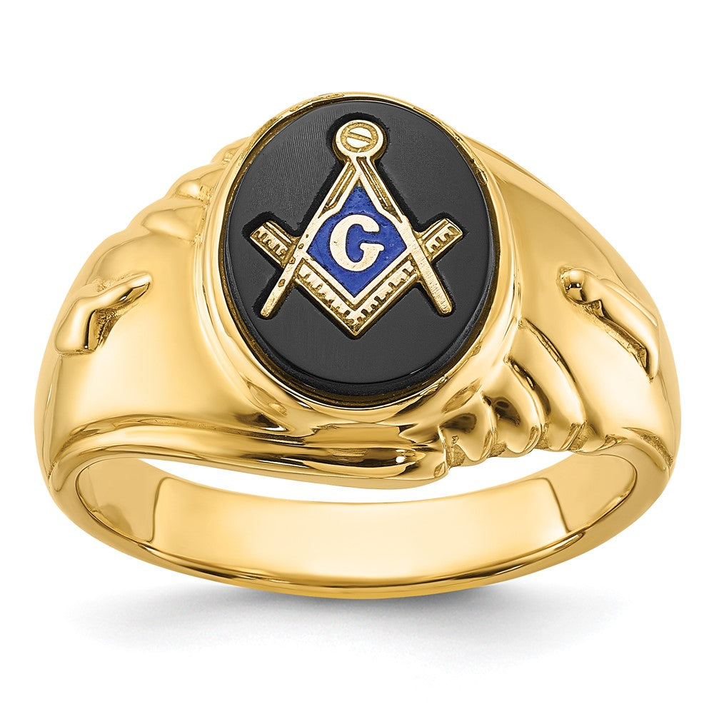 Solid;Polished;14k Yellow gold;Closed back;Onyx;Avail. in 10k yellow gold;Avail. in 18k yellow gold;Avail. in 14k white gold;Avail. in platinum;Not engraveable;Sizing 2-3 weeks;Avail. in 10k white gold;Avail. in 18k white gold;Mens