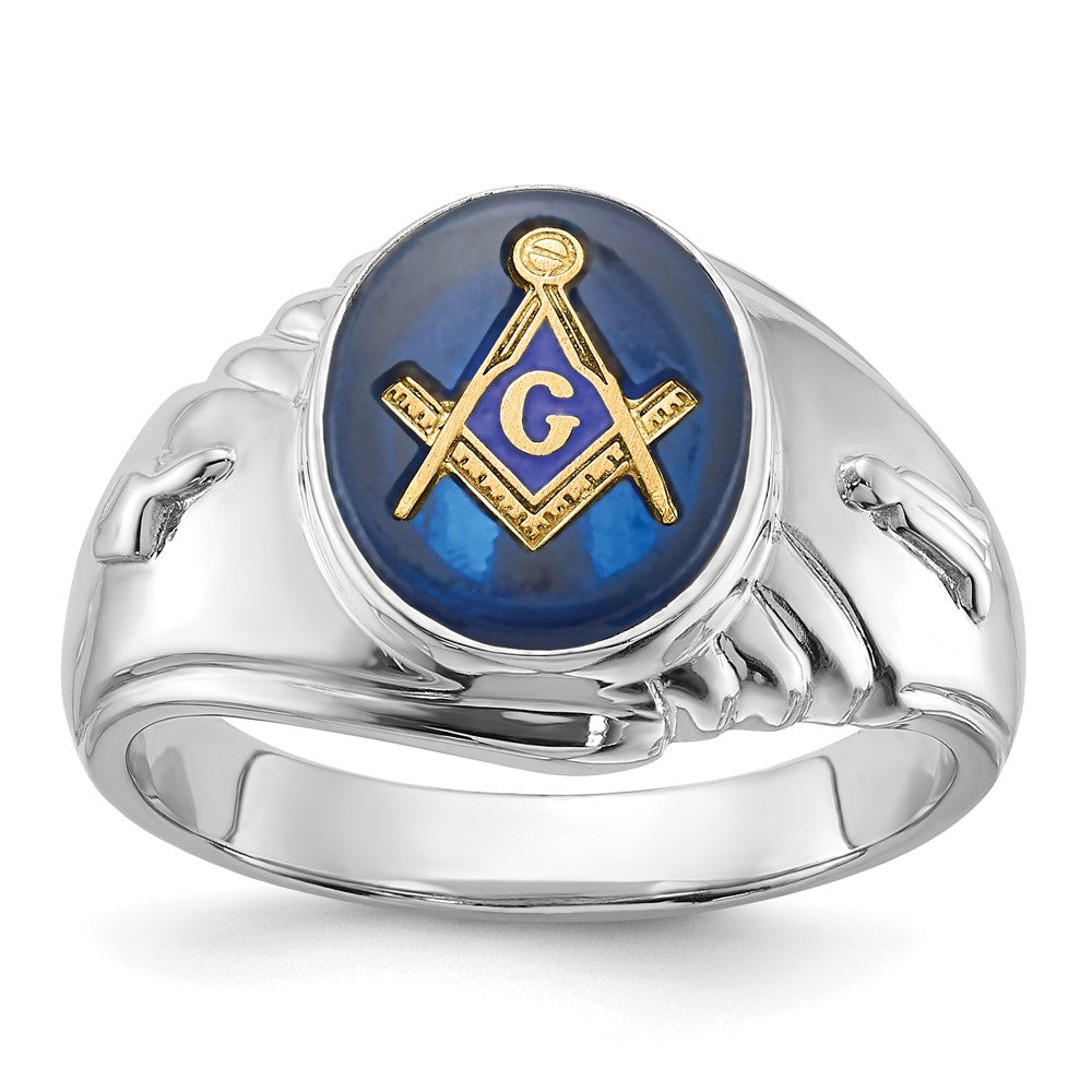 Solid;Polished;14K White gold;Closed back;Synthetic;Avail. in 10k yellow gold;Avail. in 18k yellow gold;Avail. in 14k yellow gold;Avail. in platinum;Not engraveable;Sizing 2-3 weeks;Avail. in 10k white gold;Avail. in 18k white gold;Mens;Simulated blue spinel